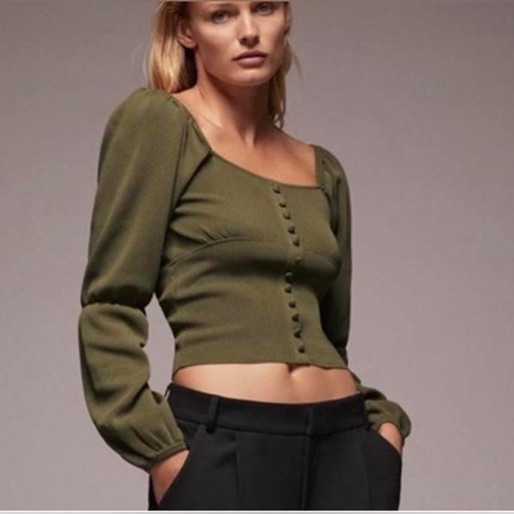 Zara Tops - Zara Olive Green Puff Sleeve Crop Blouse Size M